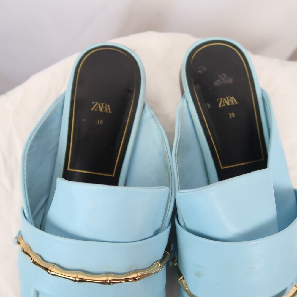 Zara Light Blue Leather Slip-On Loafer Mules Flats Size 39 - Picture 7 of 8